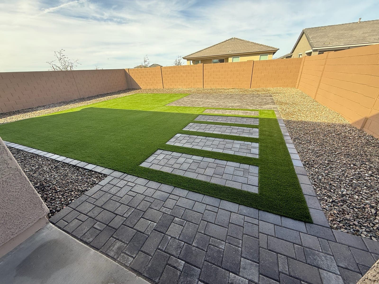 Backyard Geometry — Artificial Turf, Concrete Pavers, Gravel in the Phoenix Valley, Arizona